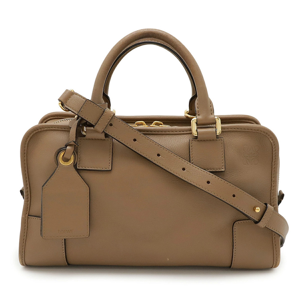 Loewe Amazona Anagram Handbag Boston Shoulder Bag Leather Brown Beige Cream